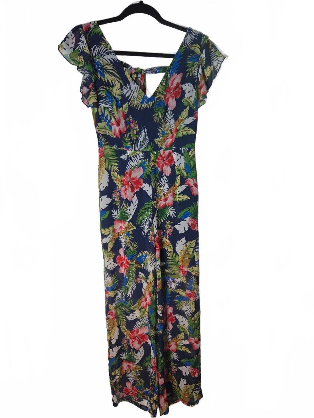 Women's Floral Print Tropical Jumpsuit with Ruffle Sleeves